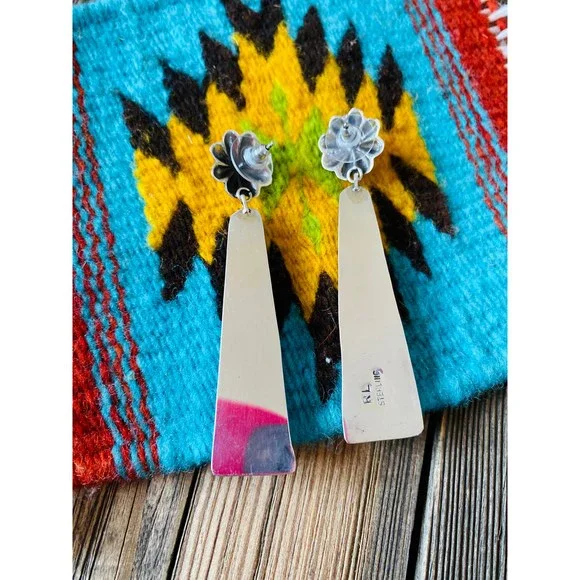 Navajo Sterling Silver & Turquoise Slab Concho Dangle Earrings